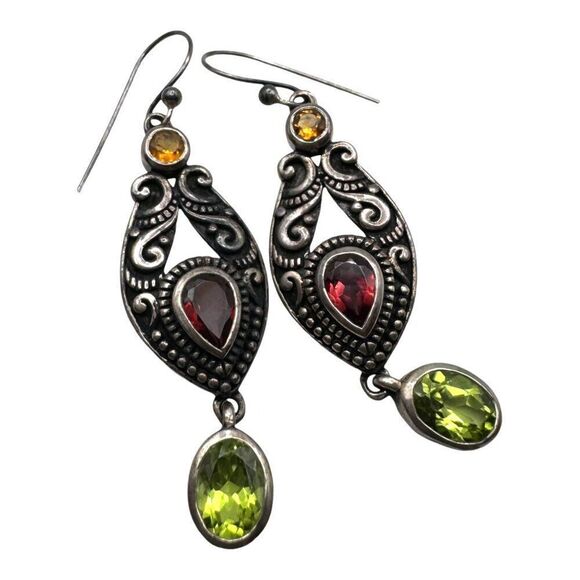 Vintage Signed Peridot Garnet Yellow Topaz Dangle Sterling Silver Drop Earrings - Picture 1 of 4
